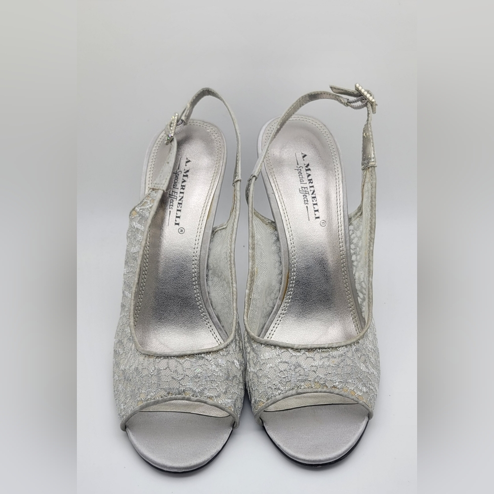 9.5M A. Marinelli Vintage Leather Shimmering Silver 3.5" Heels - Picture 2 of 10